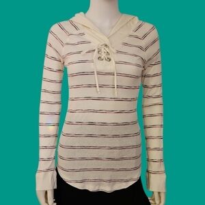 3/$30 LEI Horizontal Striped Cream Color Fitted Pullover Jersey Hoodie
